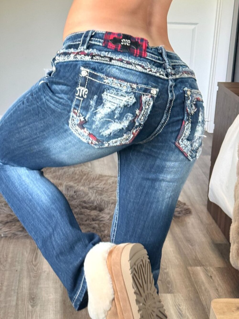 MISS ME Jeans Low Rise Signature Bootcut Denim Womens 28 Distressed Plaid Grunge